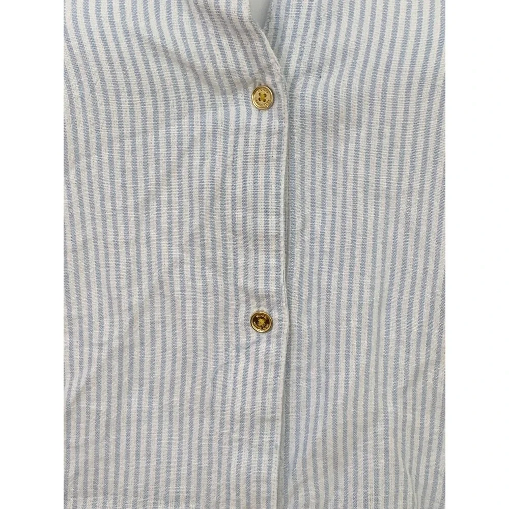 Michael Kors Blue White Striped Linen Blend Cinched Side Button Down Shirt‎ M